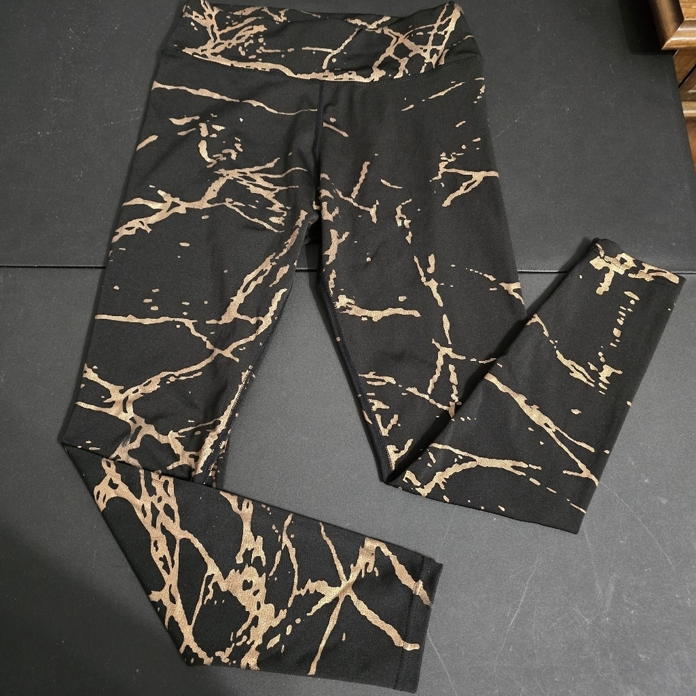 Shein Black and Gold Marble Print Leggings Womens Size Small 4